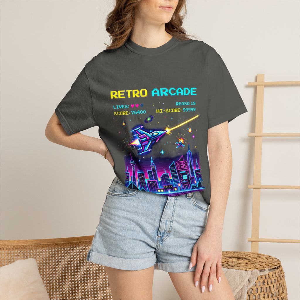 Retro Arcade T-Shirt — 80s Neon Space Shooter Graphic Tee