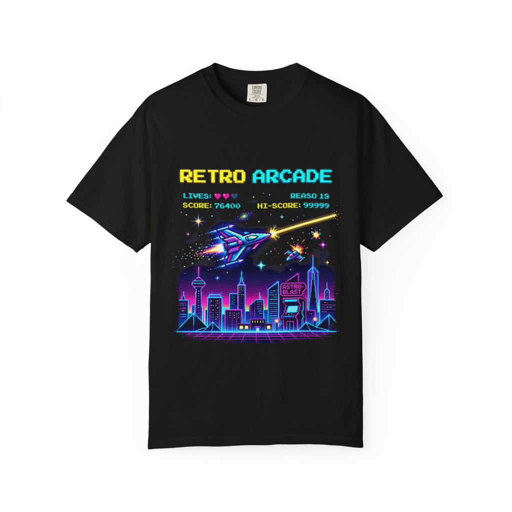 Retro Arcade T-Shirt — 80s Neon Space Shooter Graphic Tee