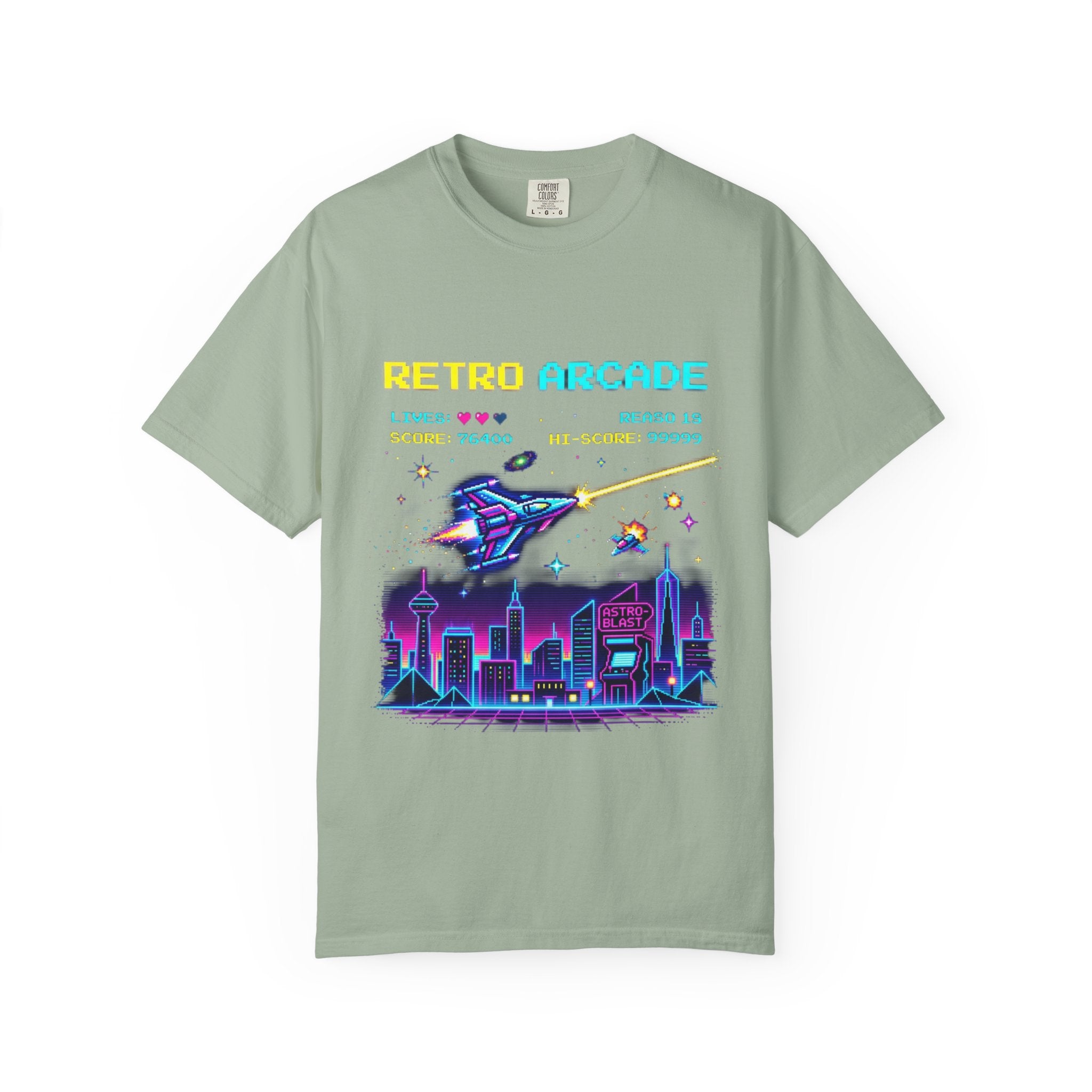 Retro Arcade T-Shirt — 80s Neon Space Shooter Graphic Tee
