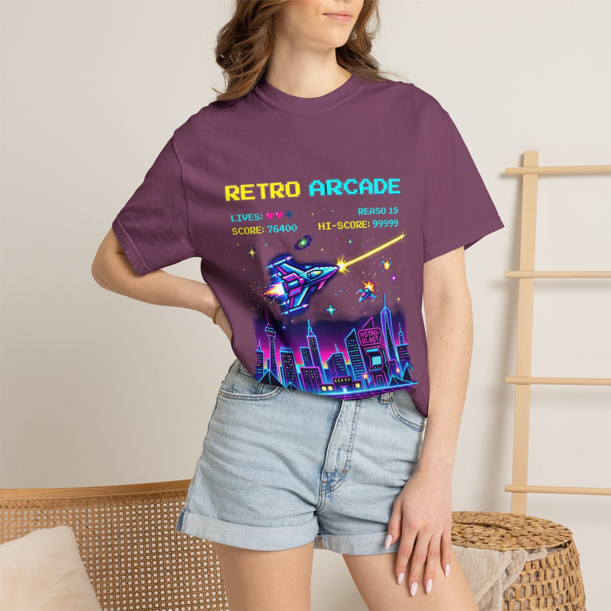 Retro Arcade T-Shirt — 80s Neon Space Shooter Graphic Tee