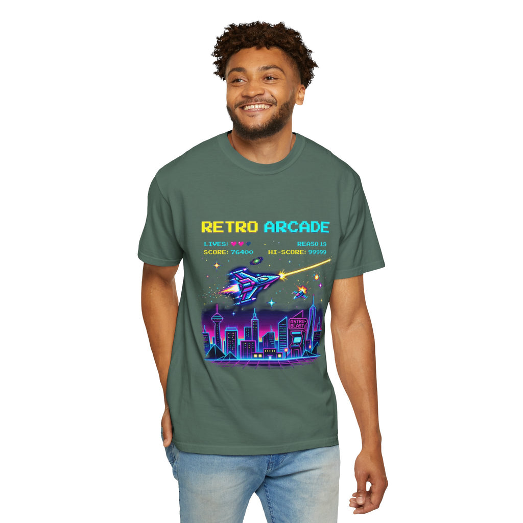 Retro Arcade T-Shirt — 80s Neon Space Shooter Graphic Tee