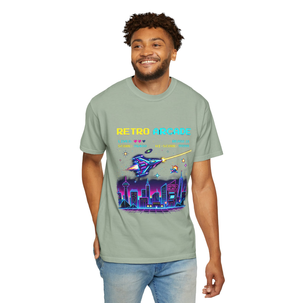 Retro Arcade T-Shirt — 80s Neon Space Shooter Graphic Tee