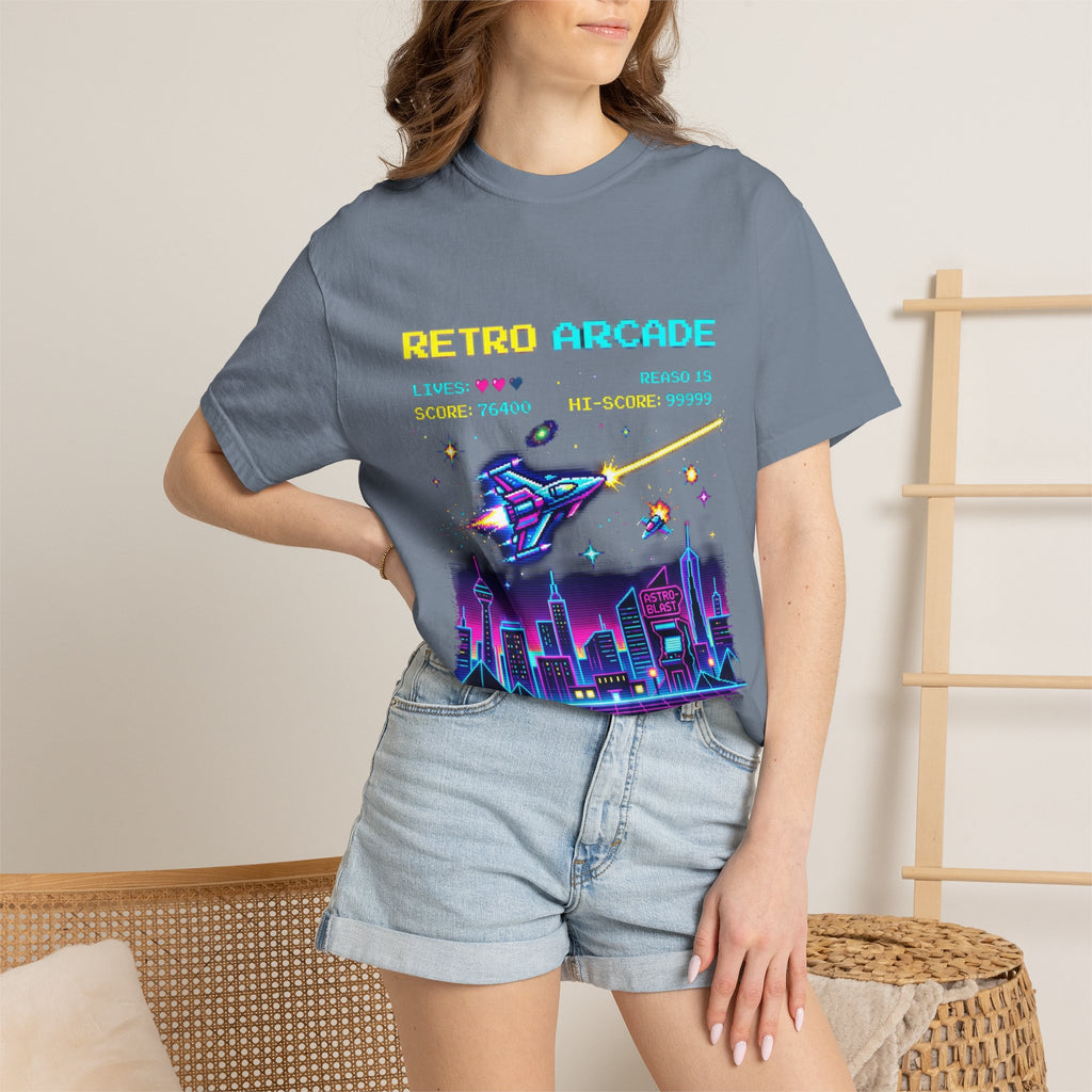 Retro Arcade T-Shirt — 80s Neon Space Shooter Graphic Tee