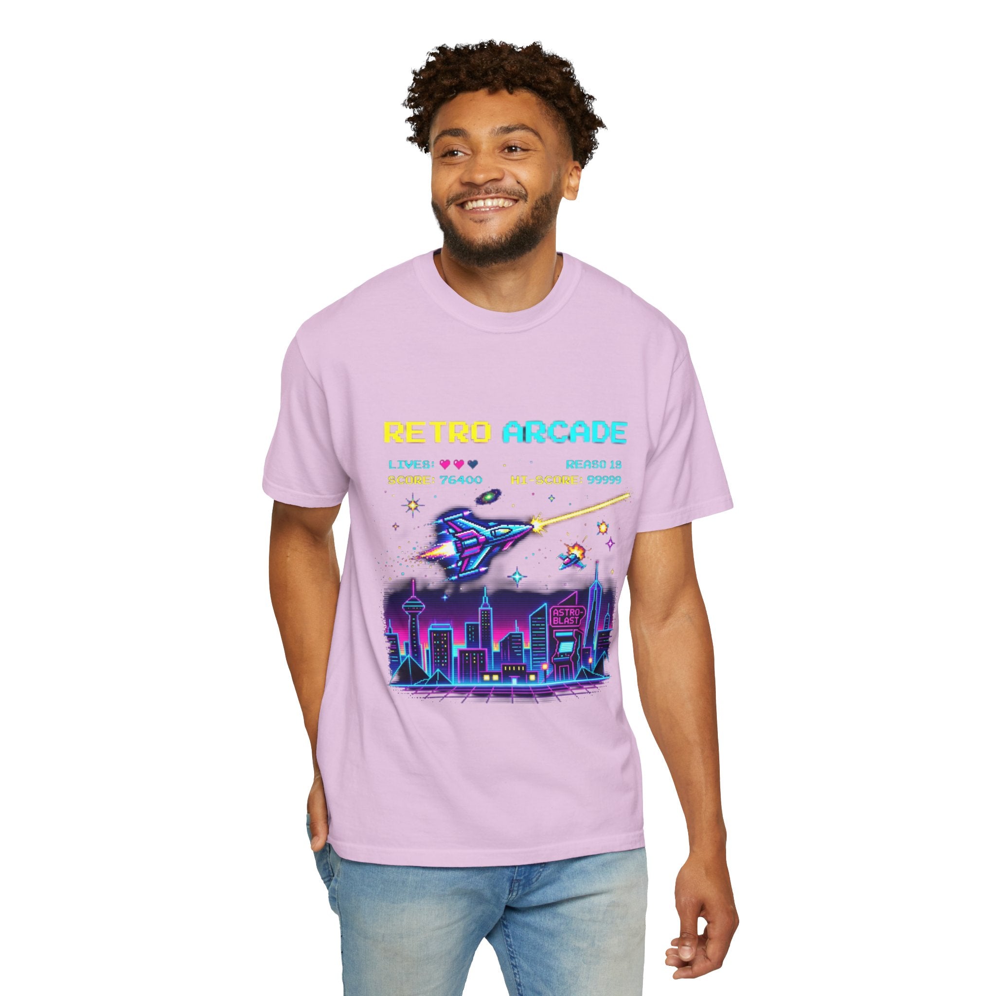 Retro Arcade T-Shirt — 80s Neon Space Shooter Graphic Tee