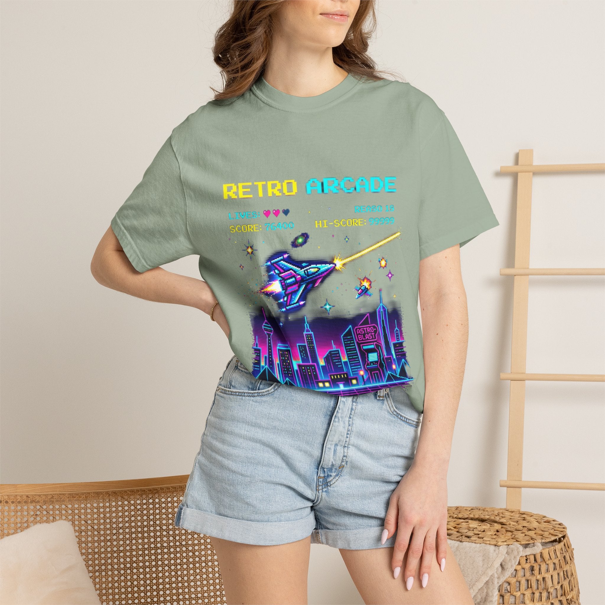 Retro Arcade T-Shirt — 80s Neon Space Shooter Graphic Tee