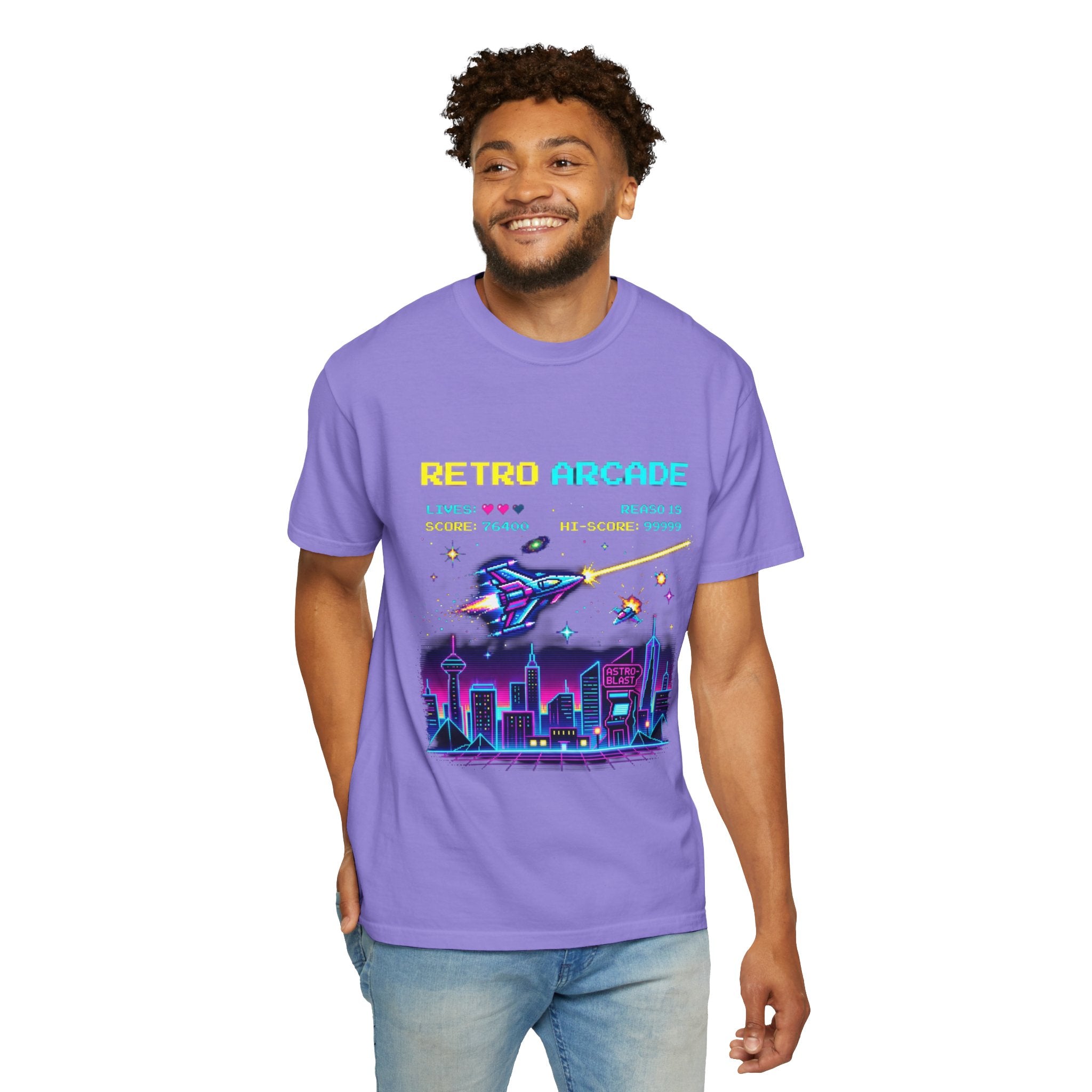 Retro Arcade T-Shirt — 80s Neon Space Shooter Graphic Tee