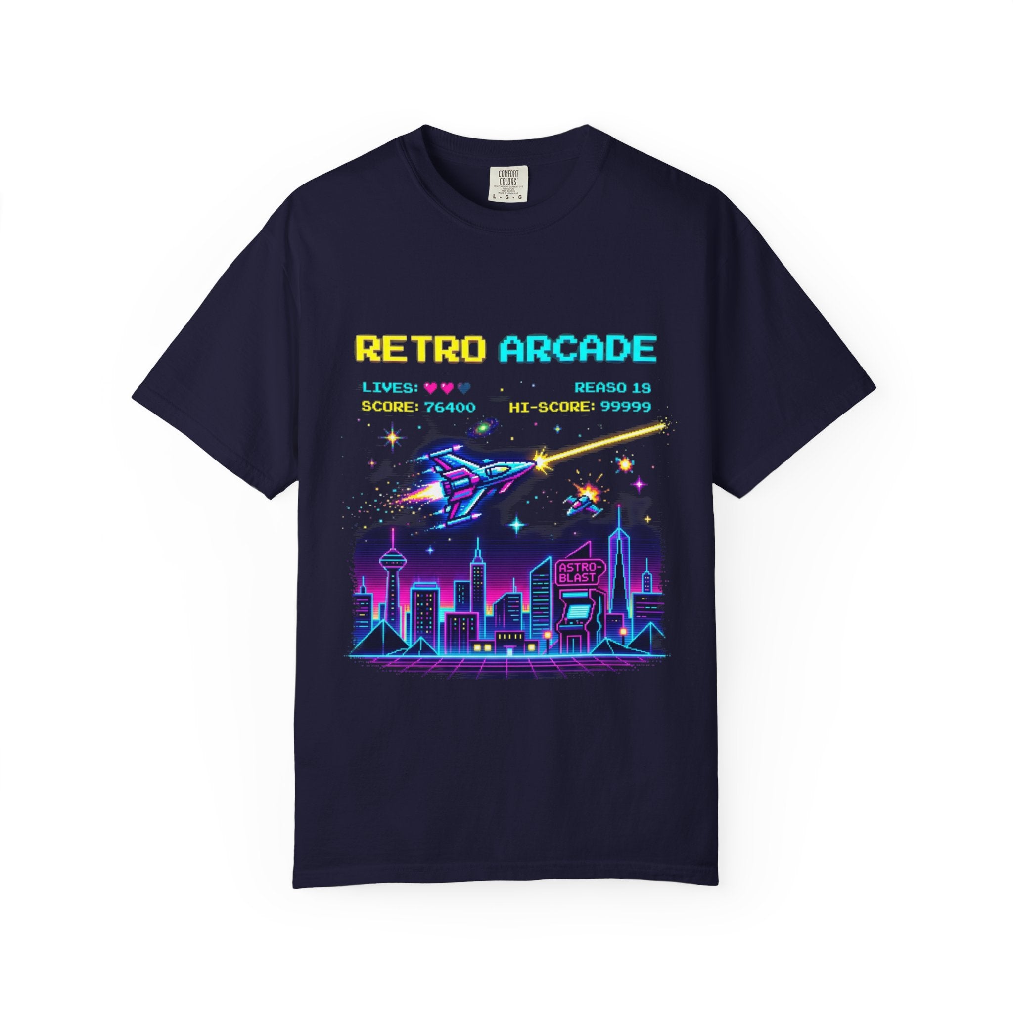 Retro Arcade T-Shirt — 80s Neon Space Shooter Graphic Tee