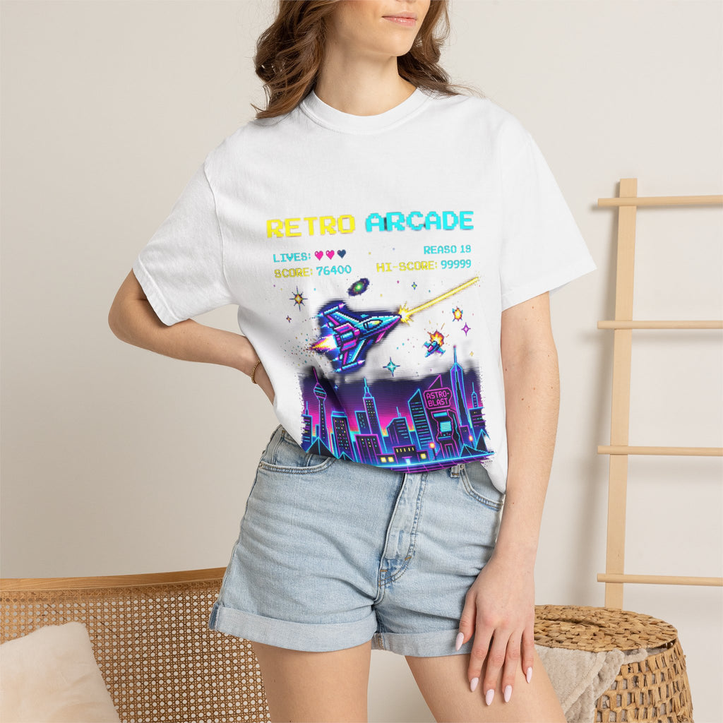 Retro Arcade T-Shirt — 80s Neon Space Shooter Graphic Tee