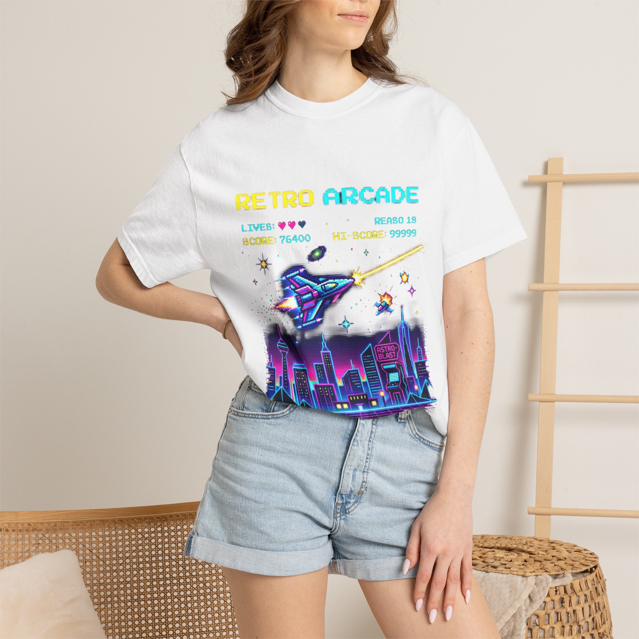 Retro Arcade T-Shirt — 80s Neon Space Shooter Graphic Tee