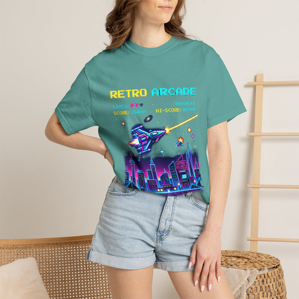 Retro Arcade T-Shirt — 80s Neon Space Shooter Graphic Tee