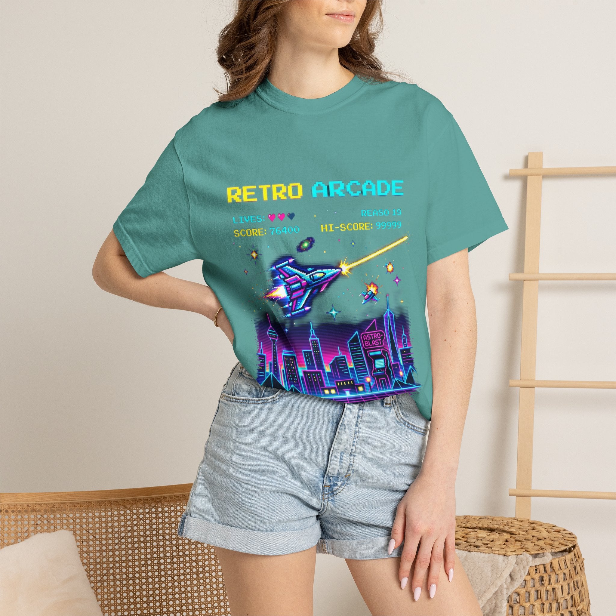 Retro Arcade T-Shirt — 80s Neon Space Shooter Graphic Tee