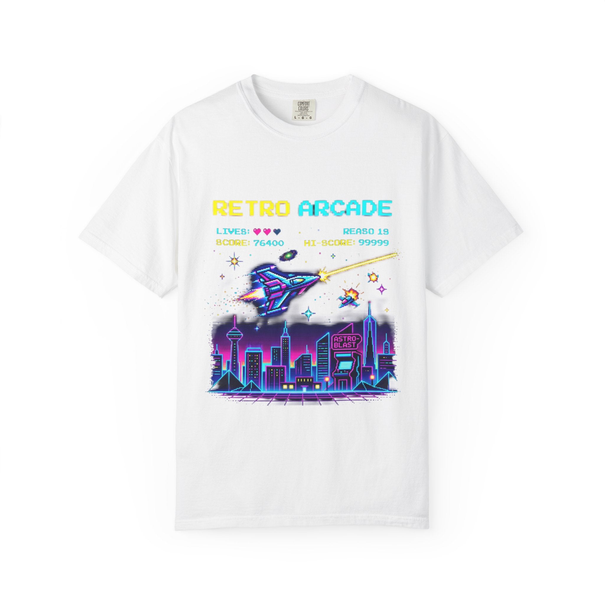 Retro Arcade T-Shirt — 80s Neon Space Shooter Graphic Tee