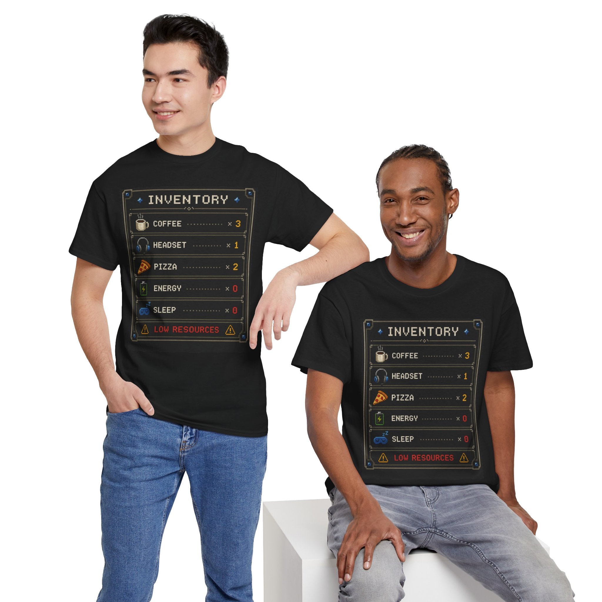 Inventory Status Gamer T-Shirt — Coffee, Headset, Pizza, Energy & Sleep Levels