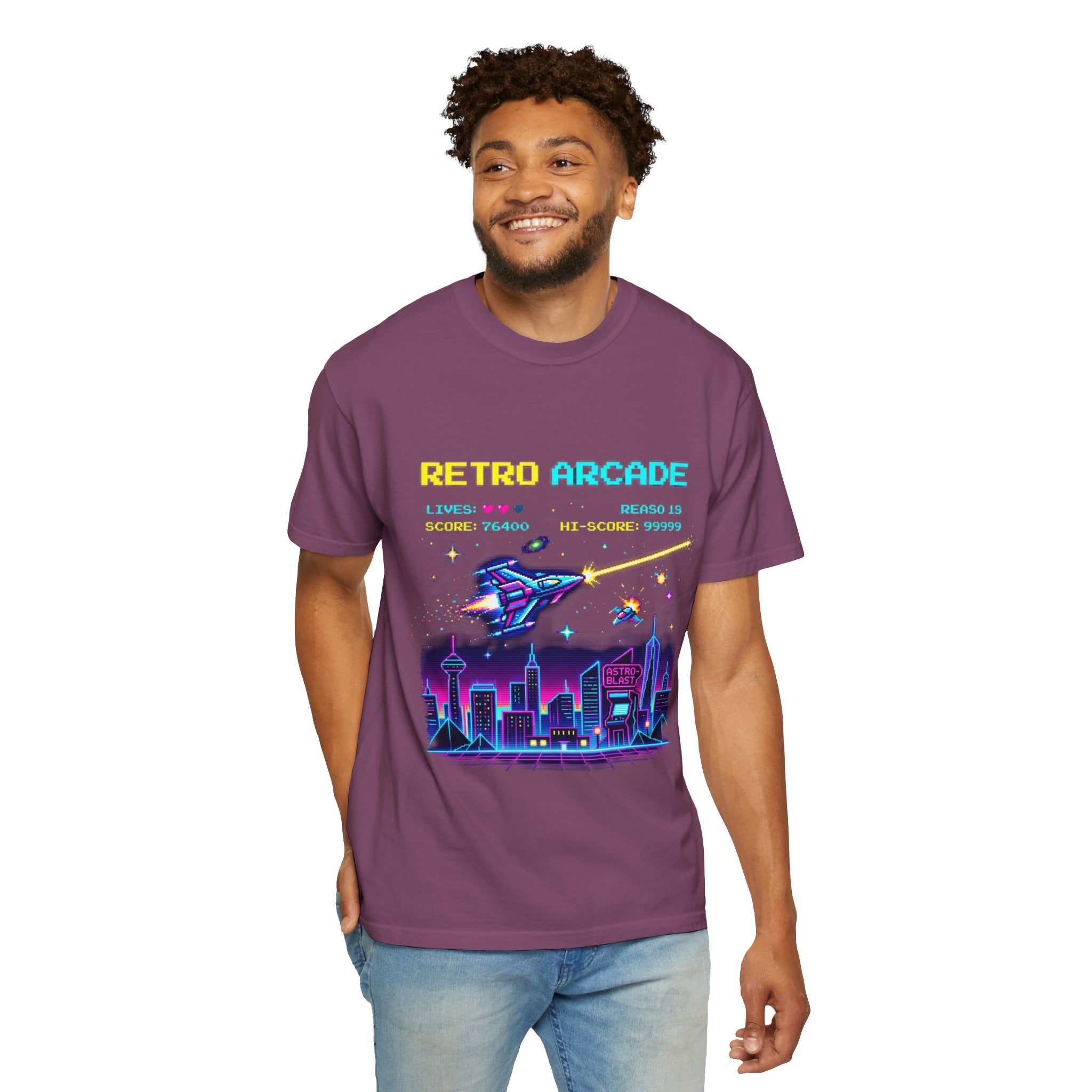 Retro Arcade T-Shirt — 80s Neon Space Shooter Graphic Tee