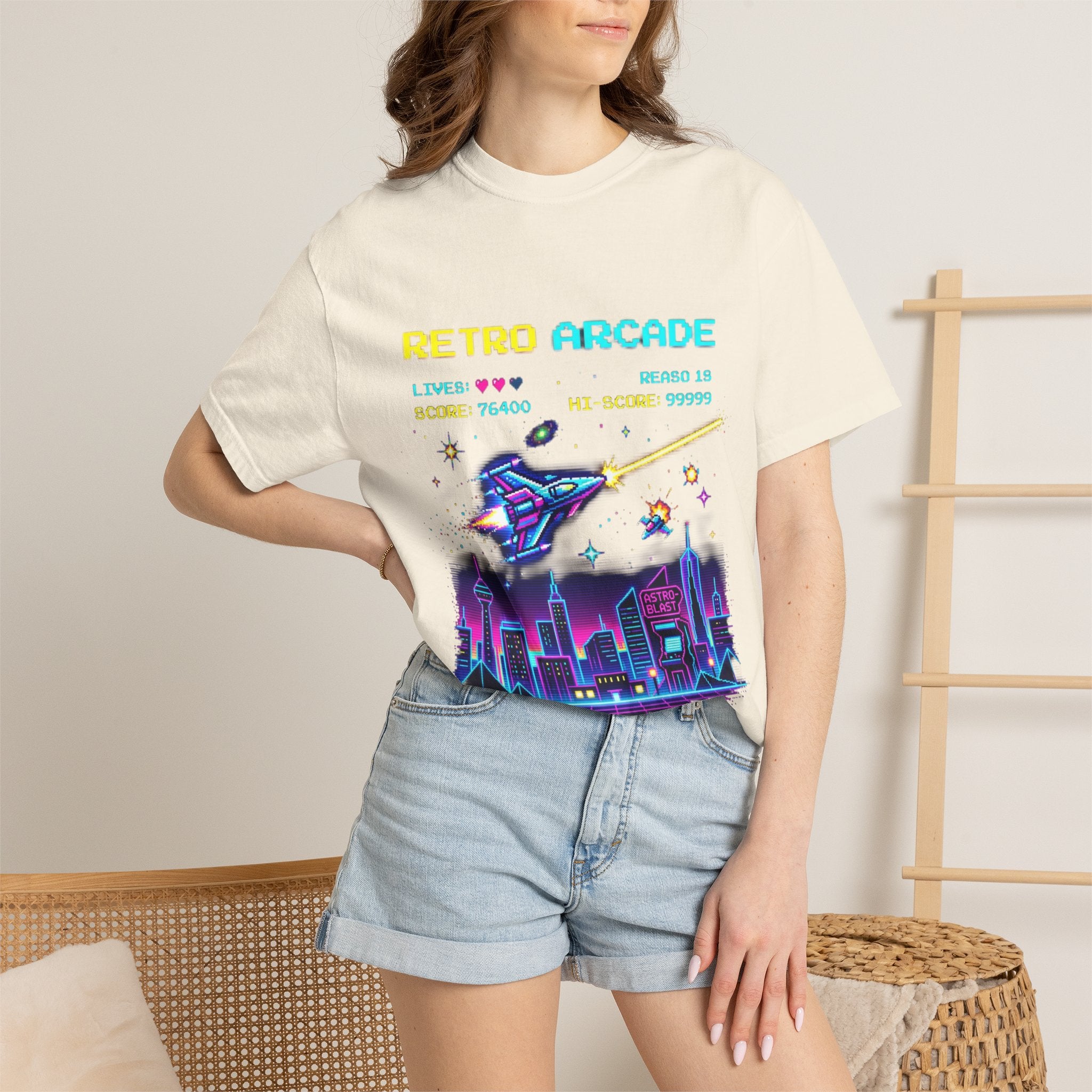 Retro Arcade T-Shirt — 80s Neon Space Shooter Graphic Tee