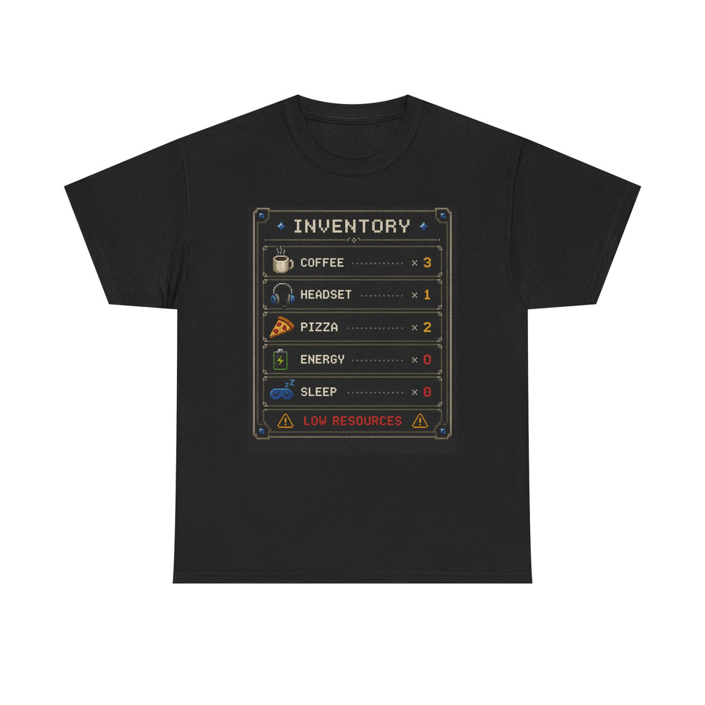Inventory Status Gamer T-Shirt — Coffee, Headset, Pizza, Energy & Sleep Levels
