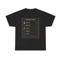 Inventory Status Gamer T-Shirt — Coffee, Headset, Pizza, Energy & Sleep Levels