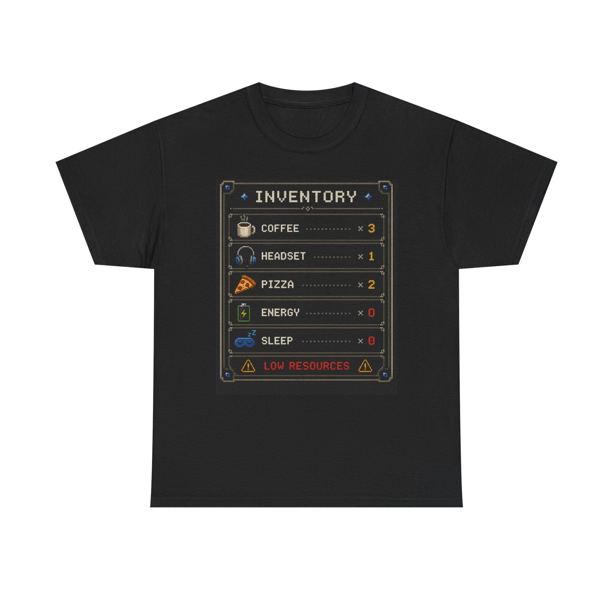 Inventory Status Gamer T-Shirt — Coffee, Headset, Pizza, Energy & Sleep Levels