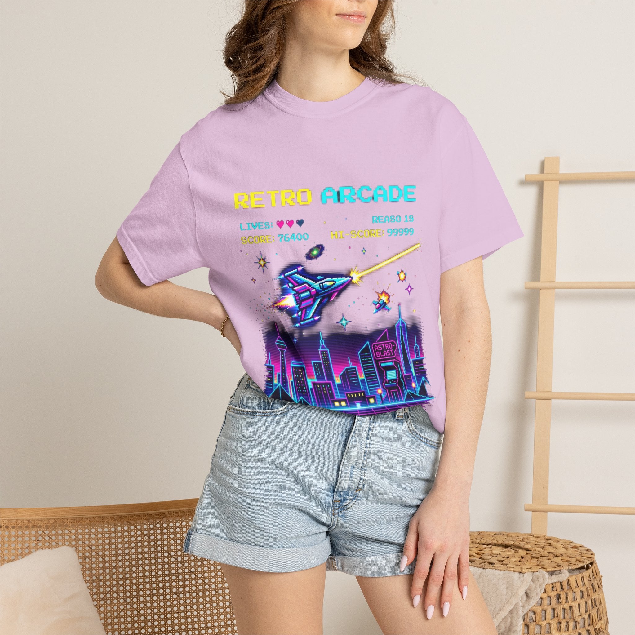 Retro Arcade T-Shirt — 80s Neon Space Shooter Graphic Tee