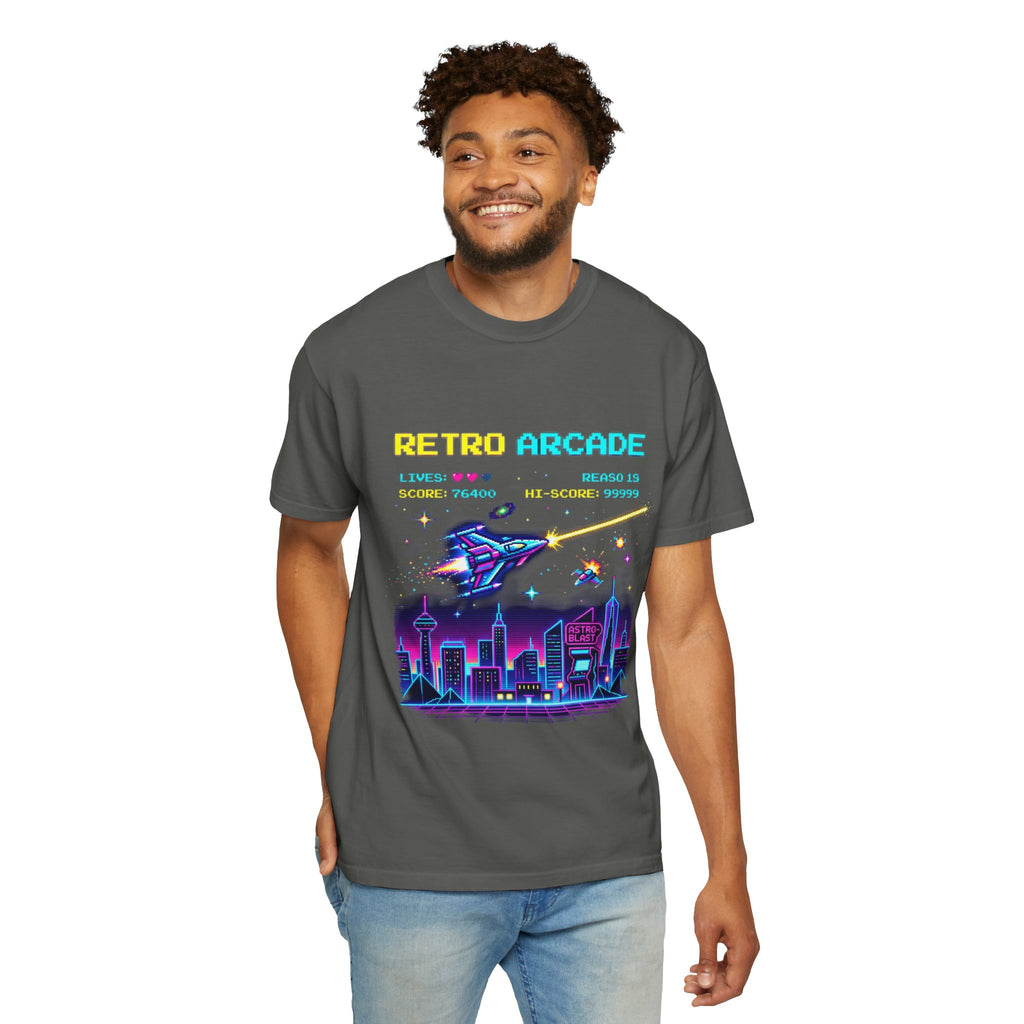 Retro Arcade T-Shirt — 80s Neon Space Shooter Graphic Tee