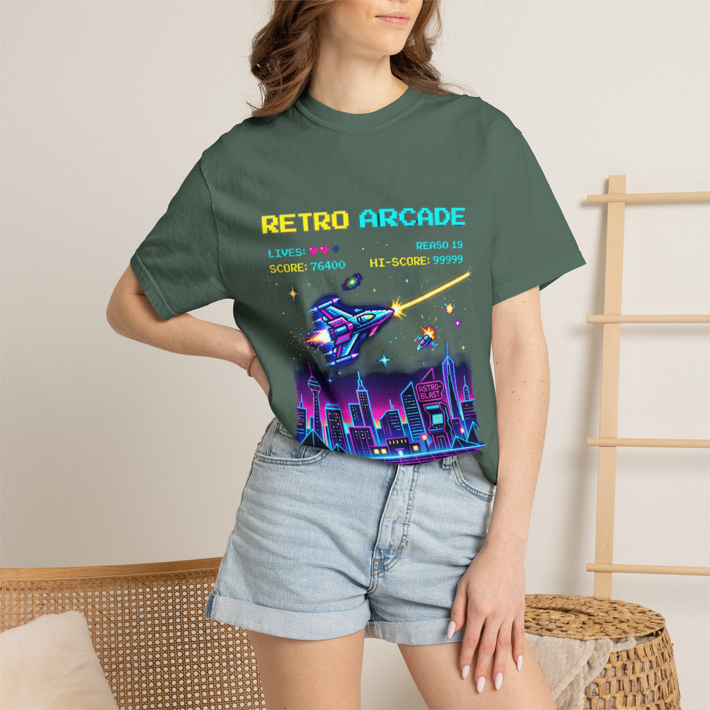 Retro Arcade T-Shirt — 80s Neon Space Shooter Graphic Tee