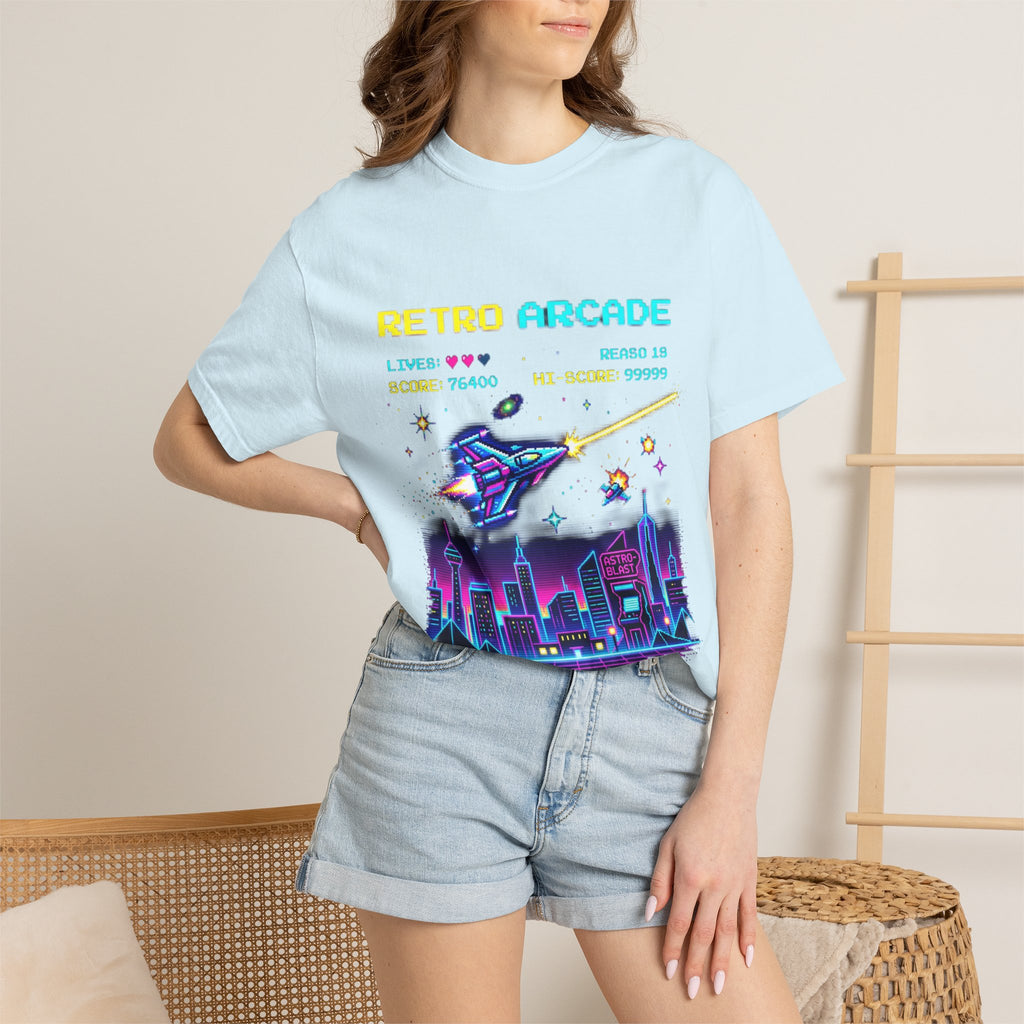 Retro Arcade T-Shirt — 80s Neon Space Shooter Graphic Tee