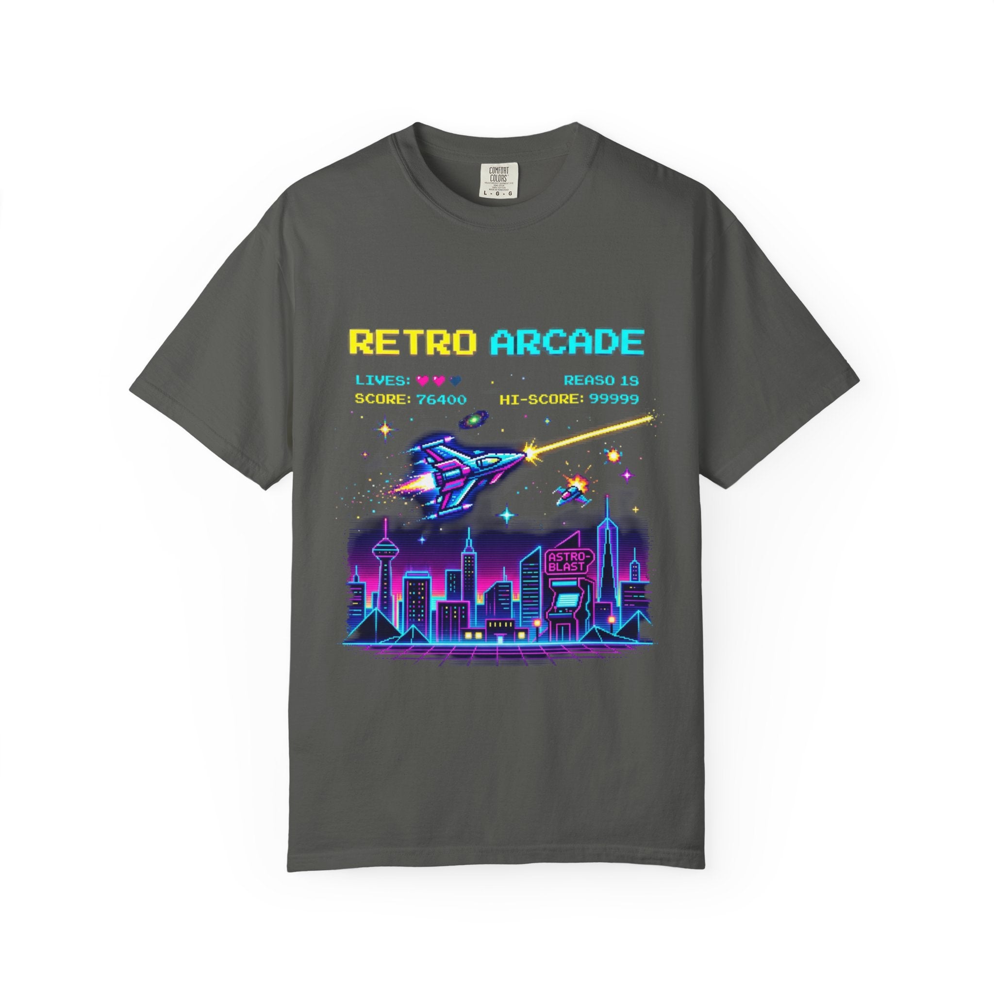 Retro Arcade T-Shirt — 80s Neon Space Shooter Graphic Tee
