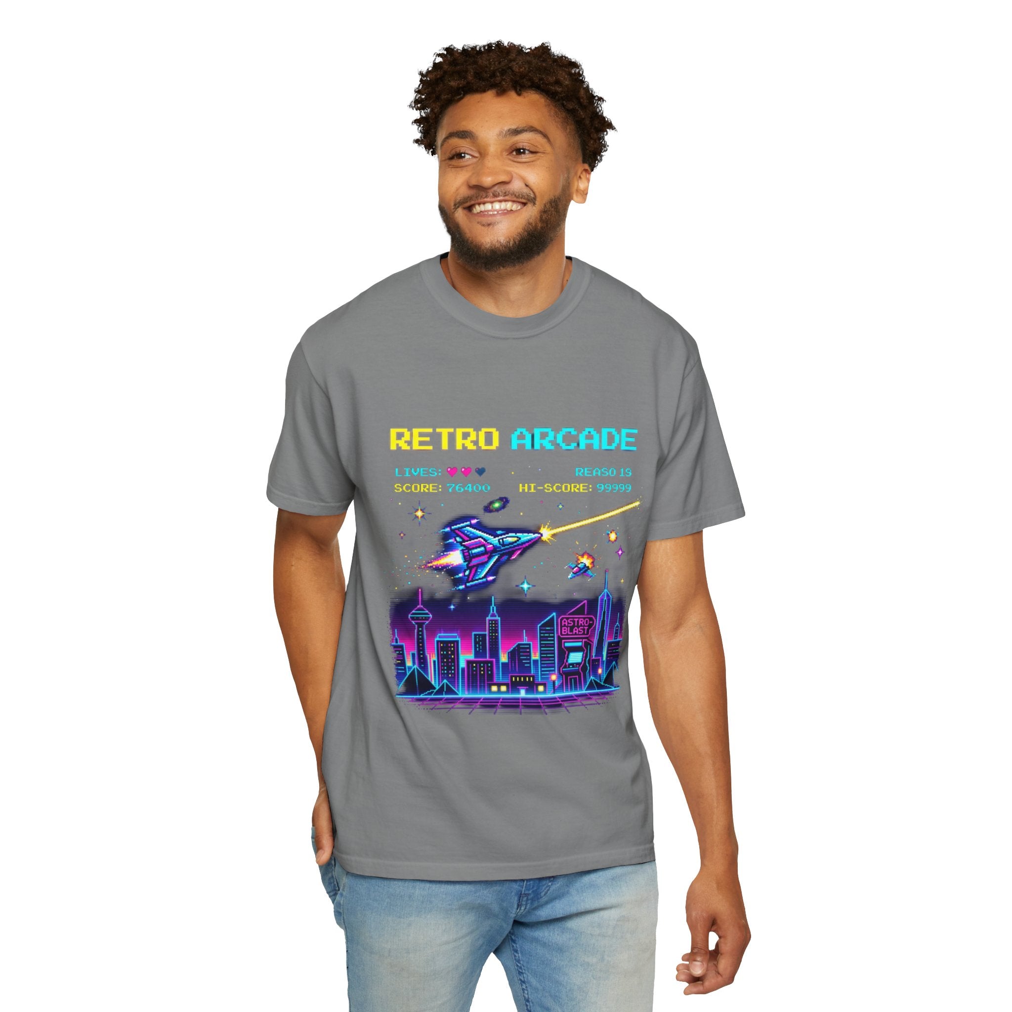 Retro Arcade T-Shirt — 80s Neon Space Shooter Graphic Tee