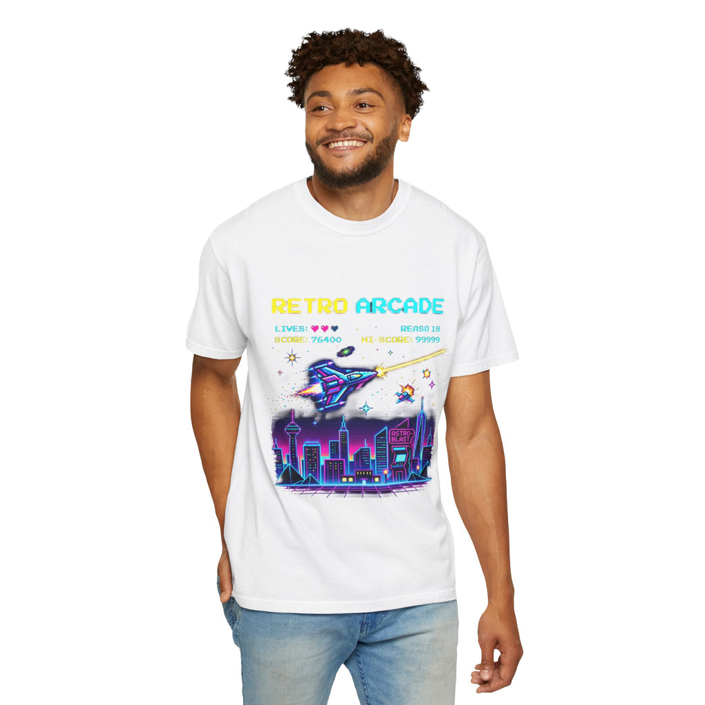 Retro Arcade T-Shirt — 80s Neon Space Shooter Graphic Tee