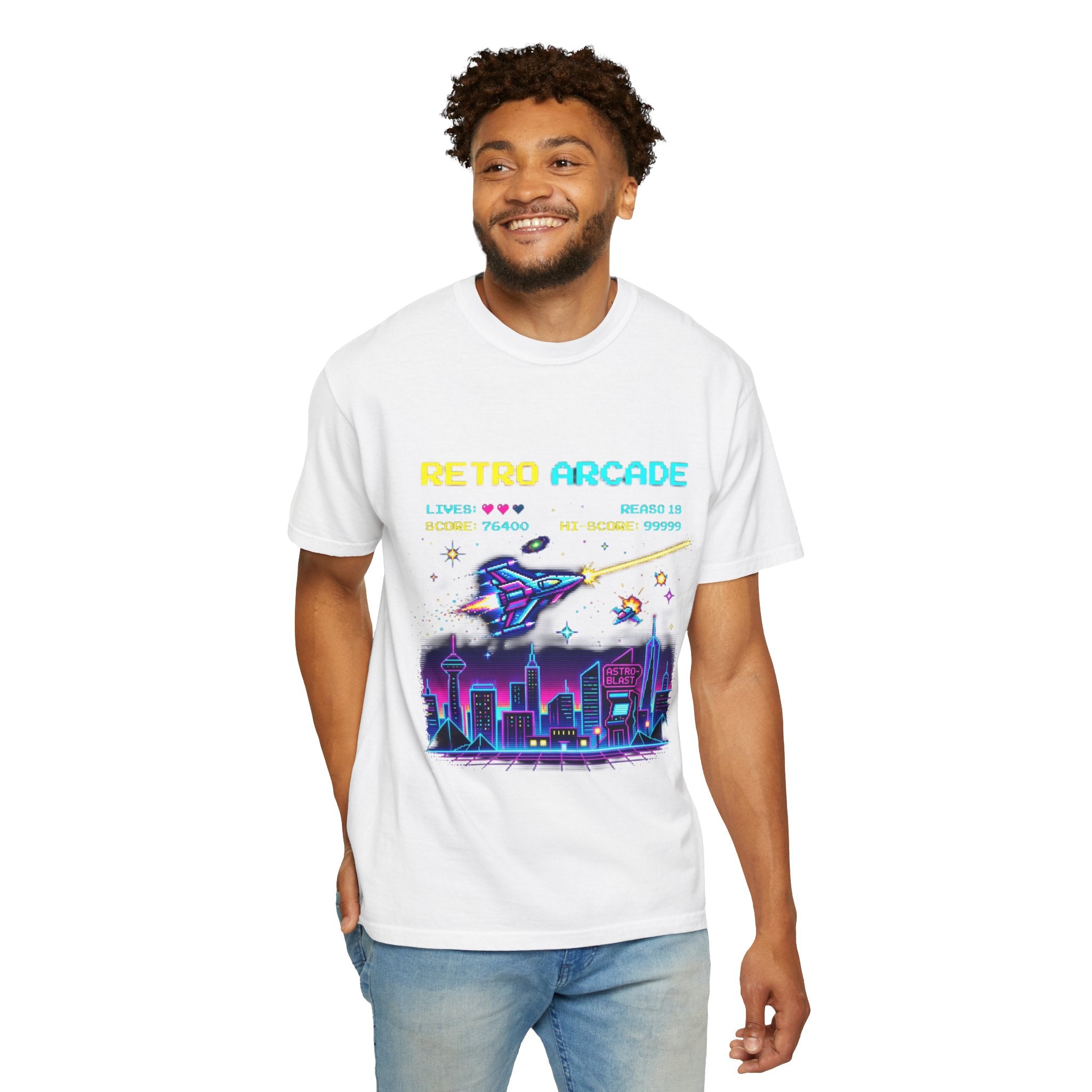 Retro Arcade T-Shirt — 80s Neon Space Shooter Graphic Tee