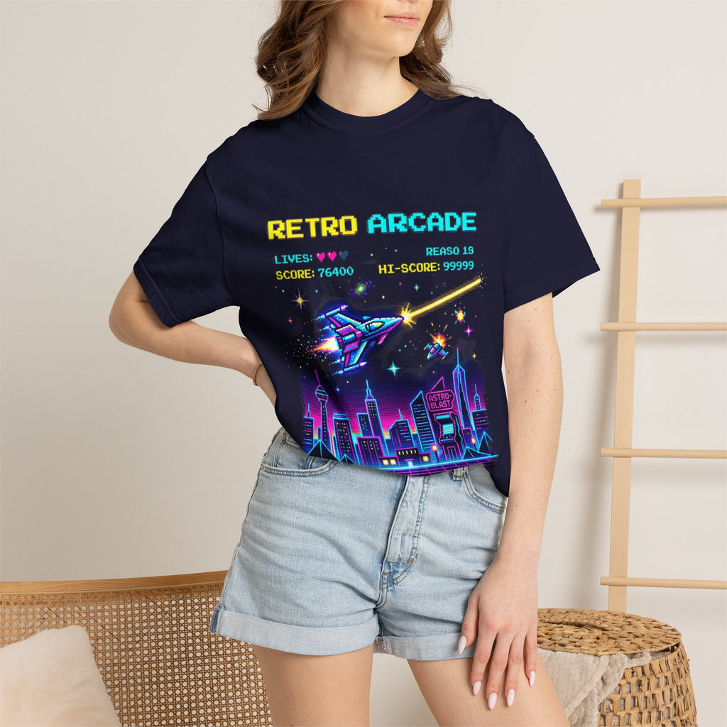 Retro Arcade T-Shirt — 80s Neon Space Shooter Graphic Tee