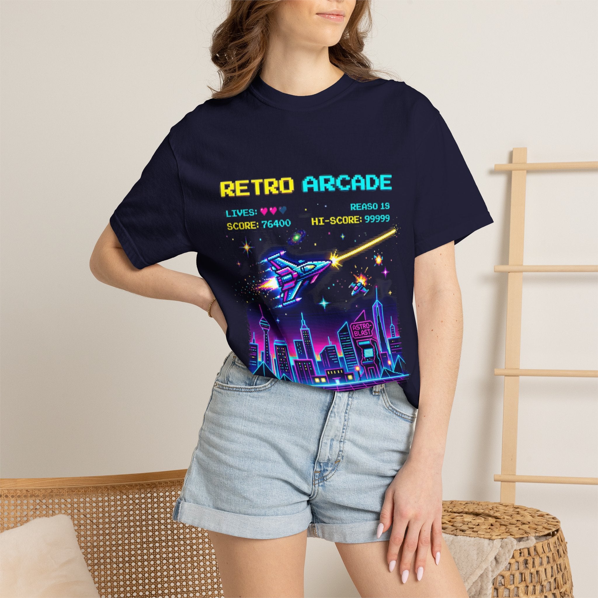 Retro Arcade T-Shirt — 80s Neon Space Shooter Graphic Tee
