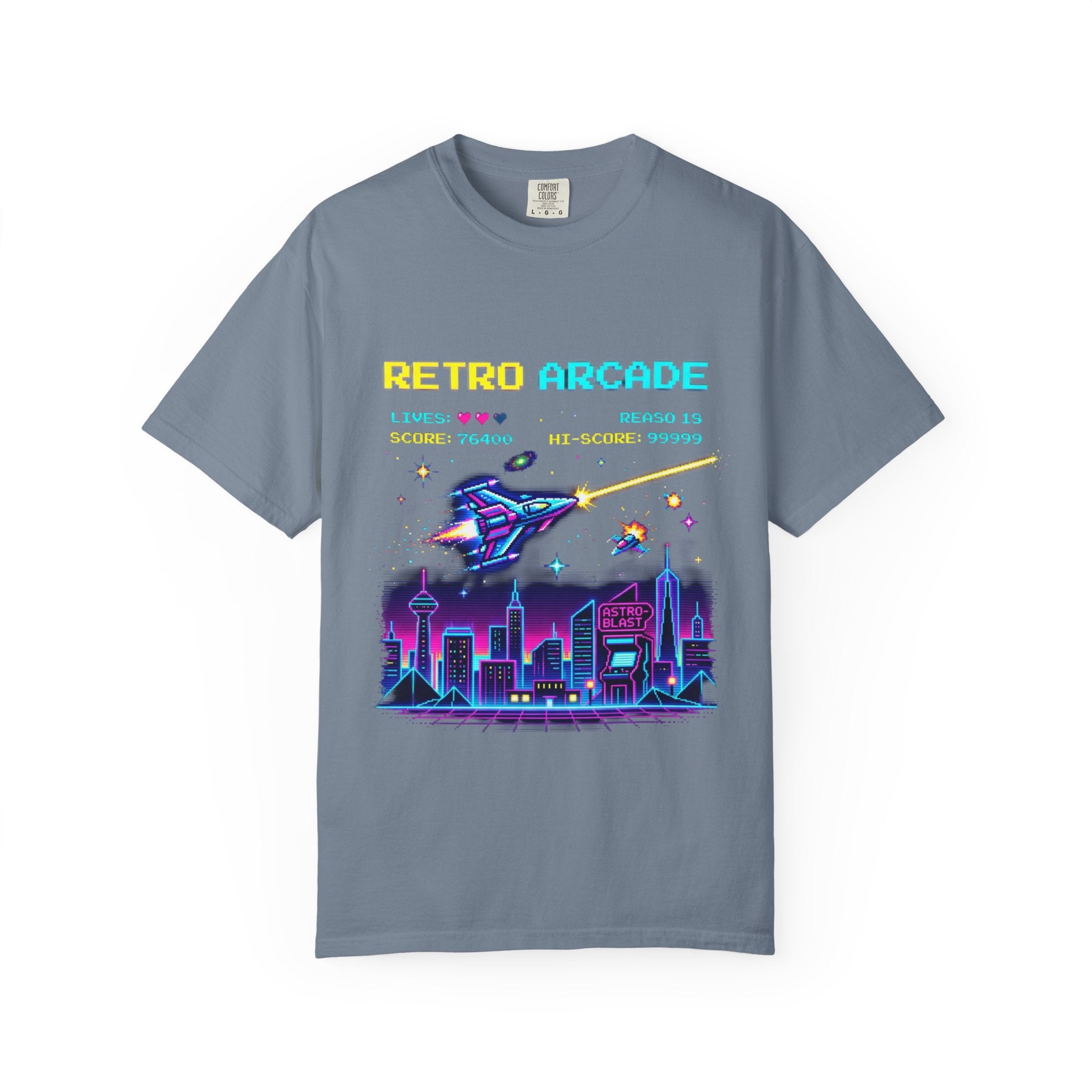 Retro Arcade T-Shirt — 80s Neon Space Shooter Graphic Tee