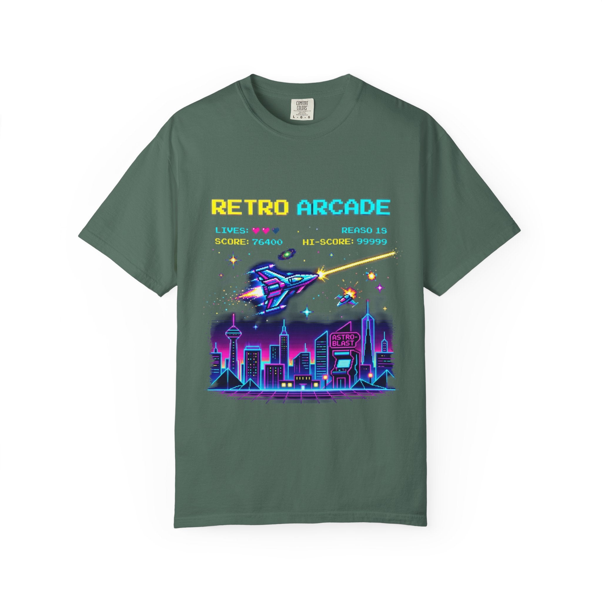 Retro Arcade T-Shirt — 80s Neon Space Shooter Graphic Tee