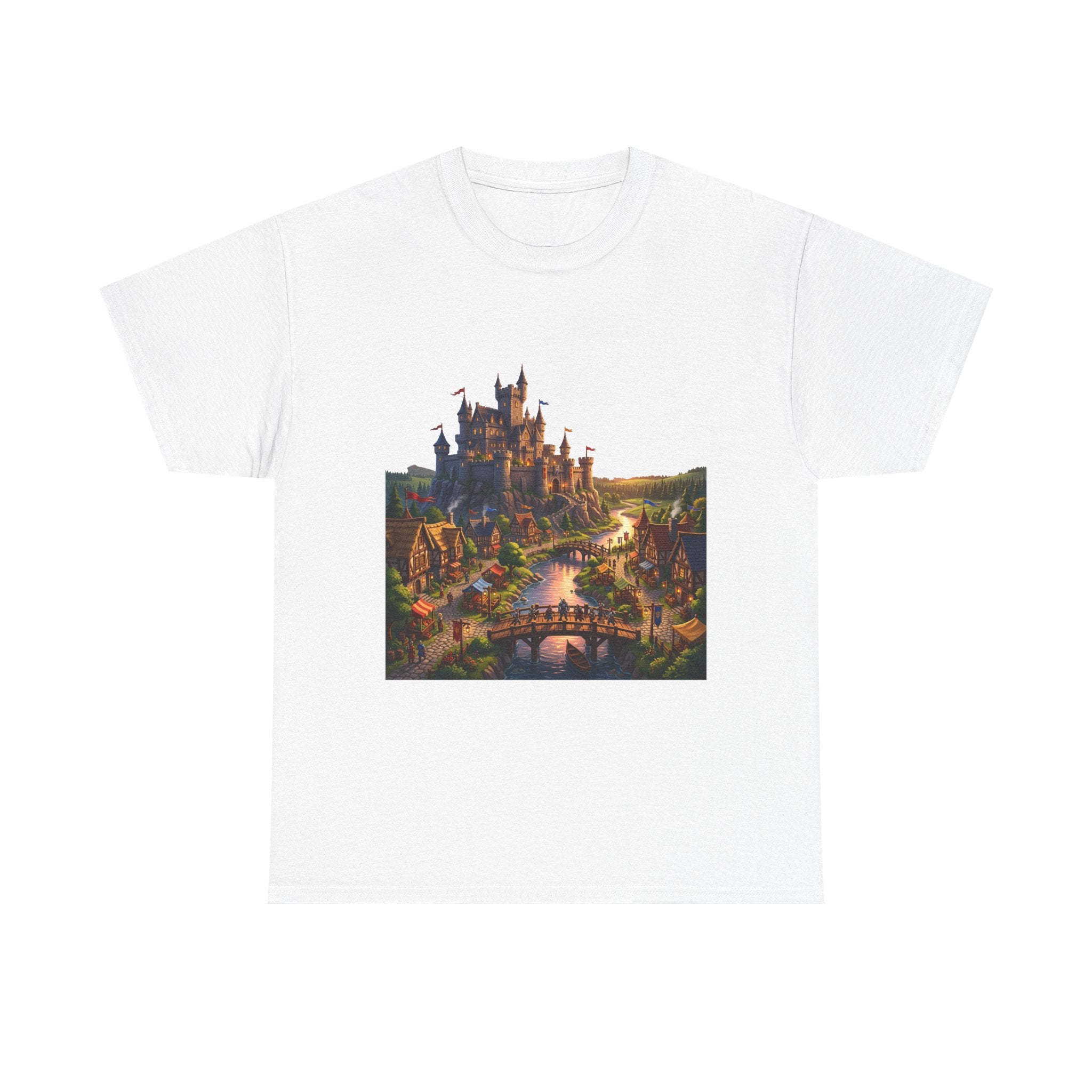 Fantasy Castle T‑Shirt — Medieval Village Scene with Adventurers