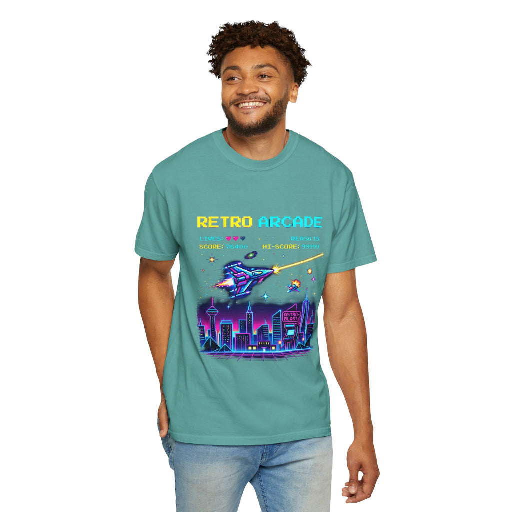 Retro Arcade T-Shirt — 80s Neon Space Shooter Graphic Tee