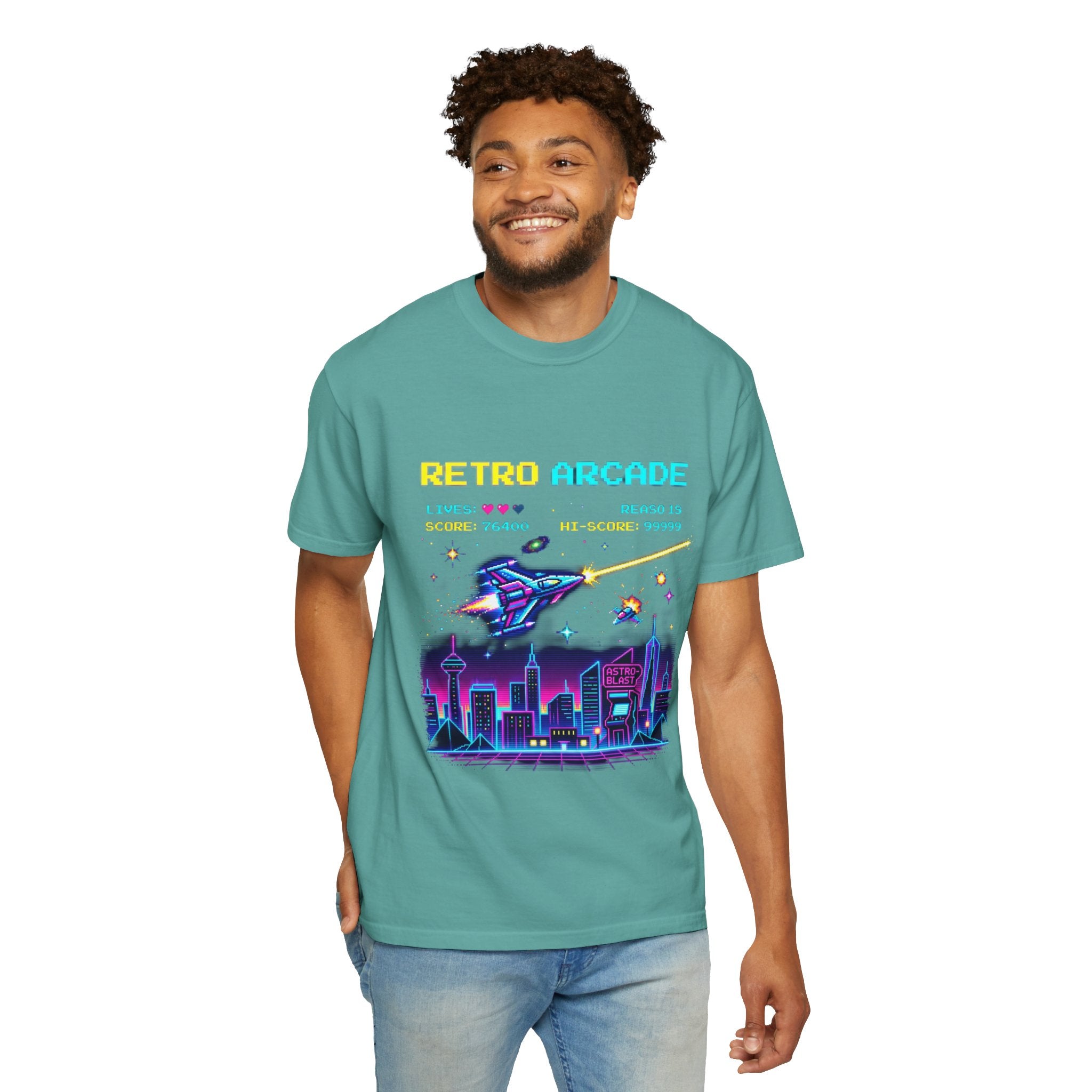 Retro Arcade T-Shirt — 80s Neon Space Shooter Graphic Tee
