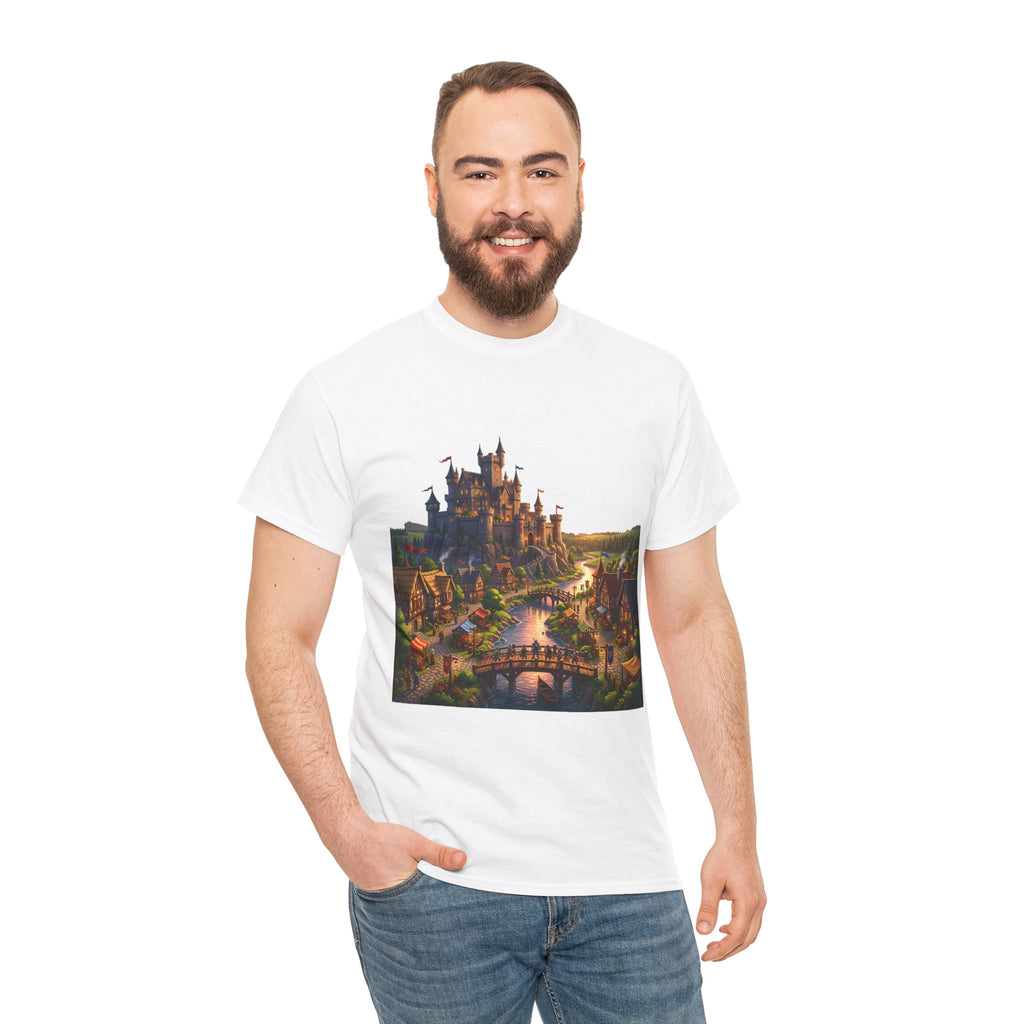 Fantasy Castle T‑Shirt — Medieval Village Scene with Adventurers