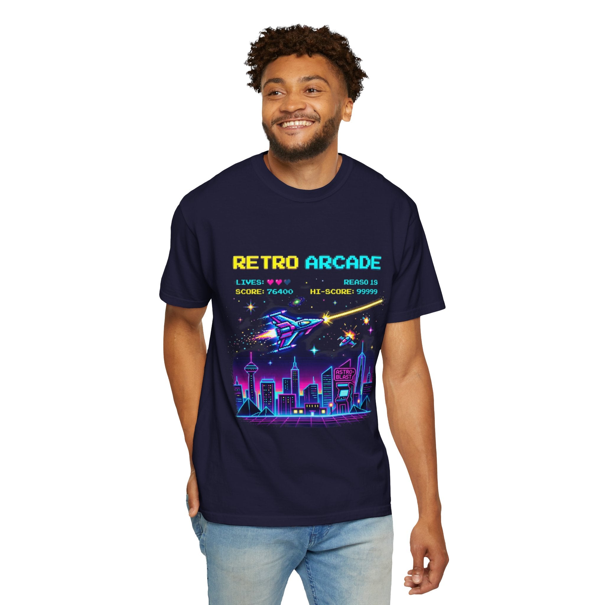 Retro Arcade T-Shirt — 80s Neon Space Shooter Graphic Tee