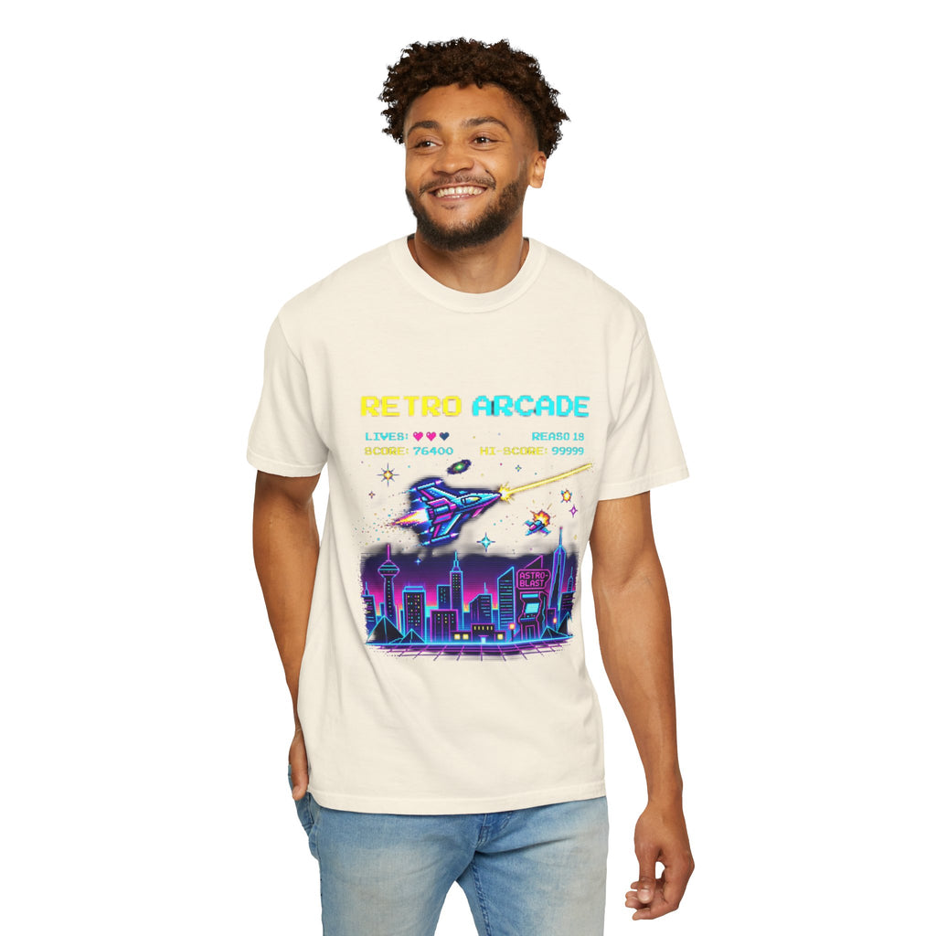 Retro Arcade T-Shirt — 80s Neon Space Shooter Graphic Tee