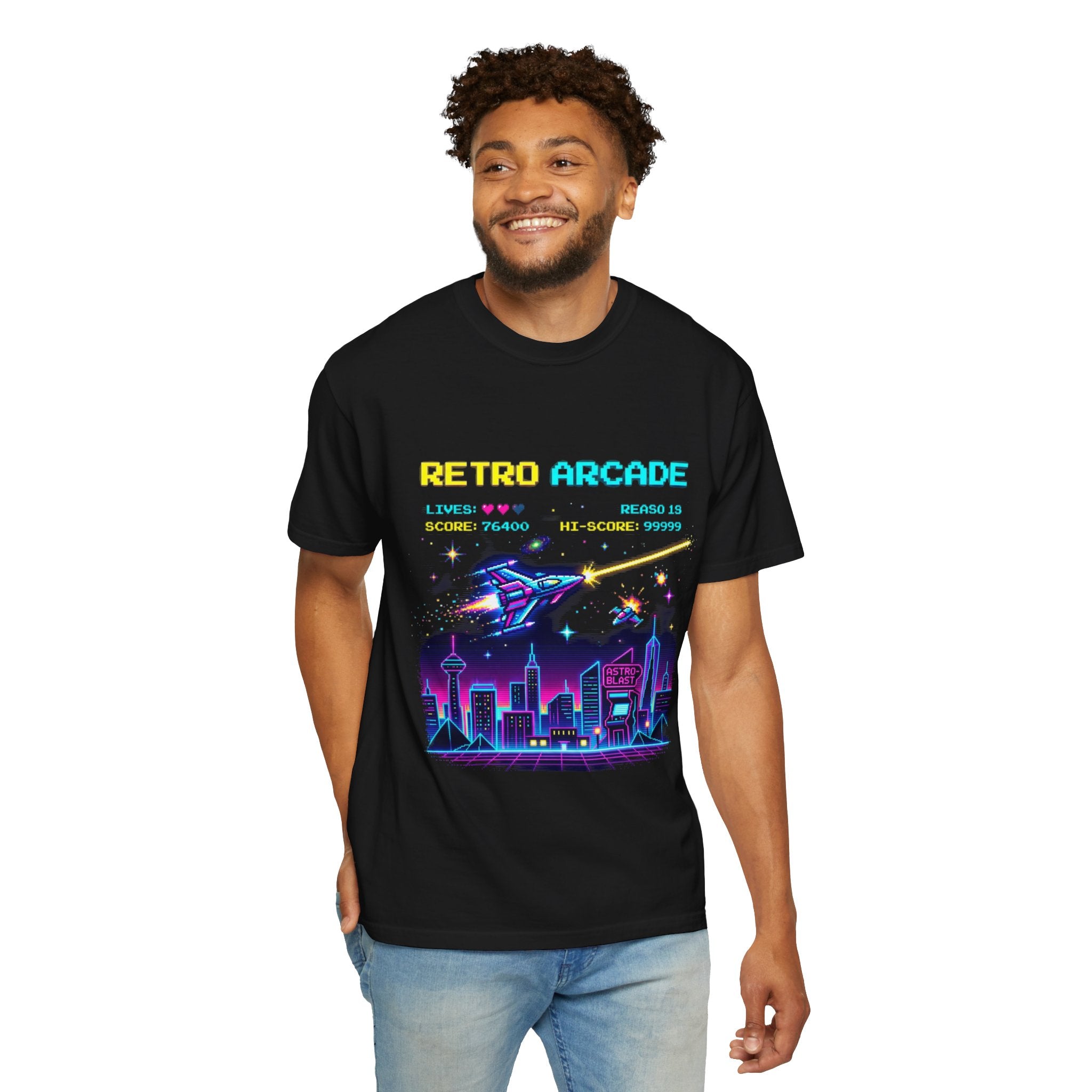 Retro Arcade T-Shirt — 80s Neon Space Shooter Graphic Tee