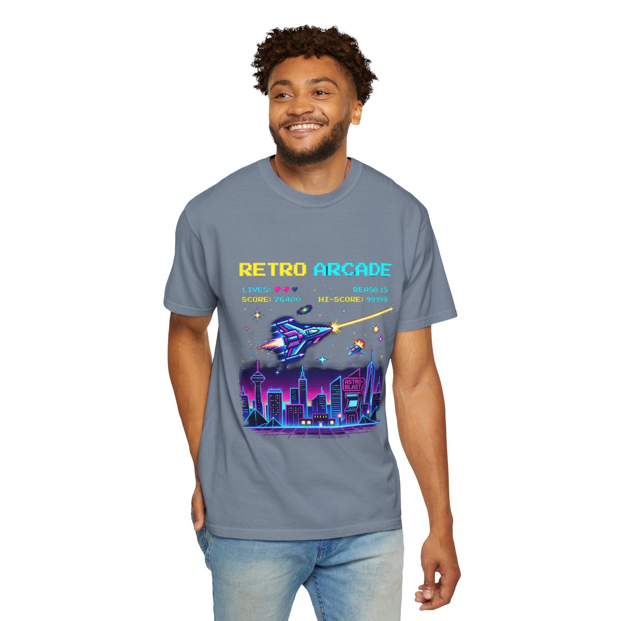 Retro Arcade T-Shirt — 80s Neon Space Shooter Graphic Tee