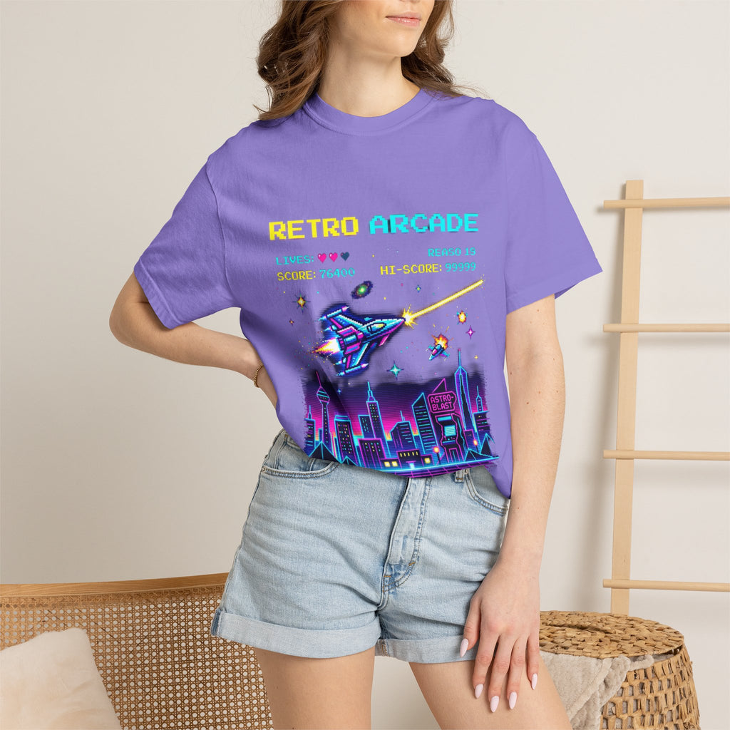 Retro Arcade T-Shirt — 80s Neon Space Shooter Graphic Tee