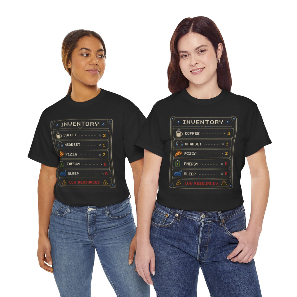 Inventory Status Gamer T-Shirt — Coffee, Headset, Pizza, Energy & Sleep Levels