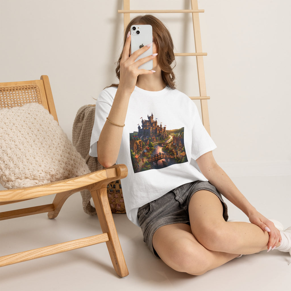Fantasy Castle T‑Shirt — Medieval Village Scene with Adventurers