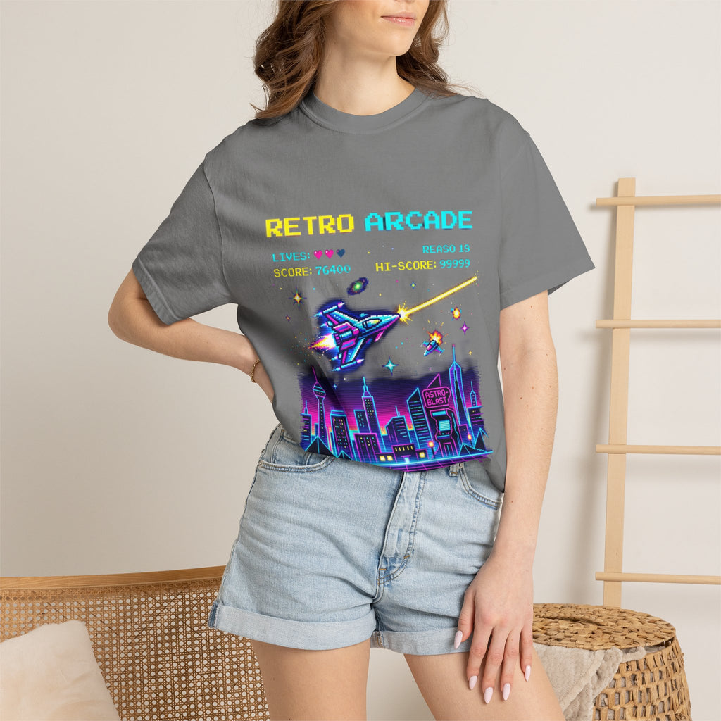 Retro Arcade T-Shirt — 80s Neon Space Shooter Graphic Tee