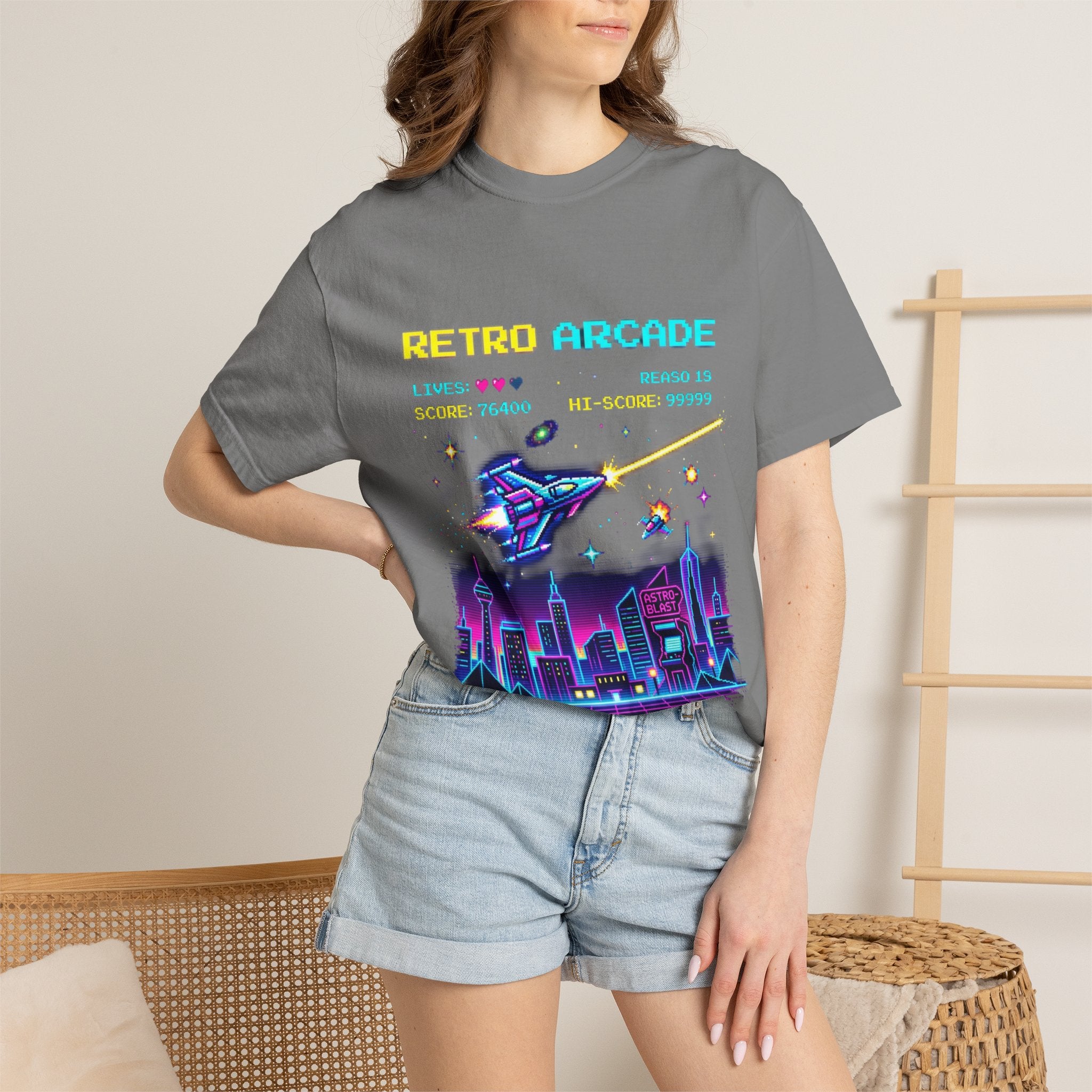 Retro Arcade T-Shirt — 80s Neon Space Shooter Graphic Tee