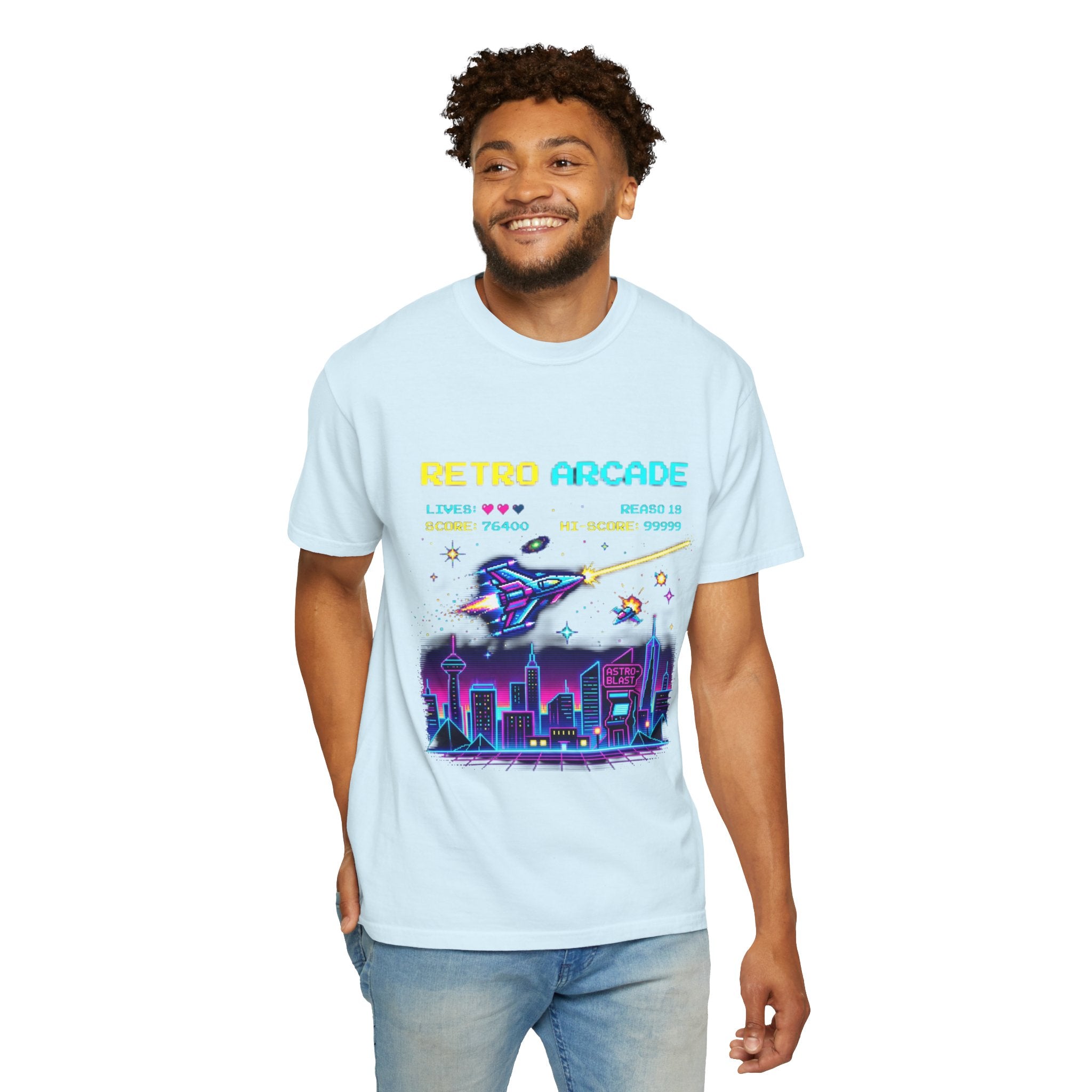 Retro Arcade T-Shirt — 80s Neon Space Shooter Graphic Tee