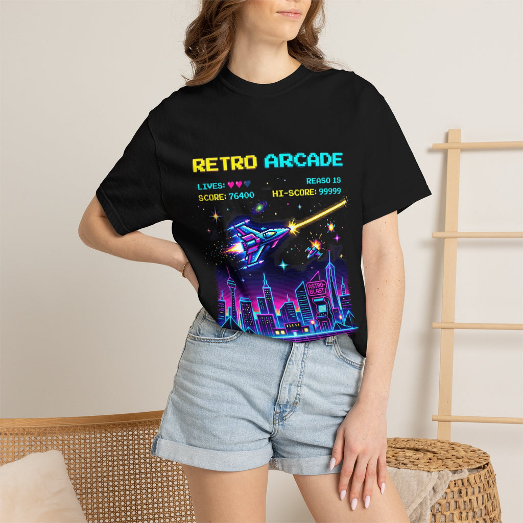 Retro Arcade T-Shirt — 80s Neon Space Shooter Graphic Tee