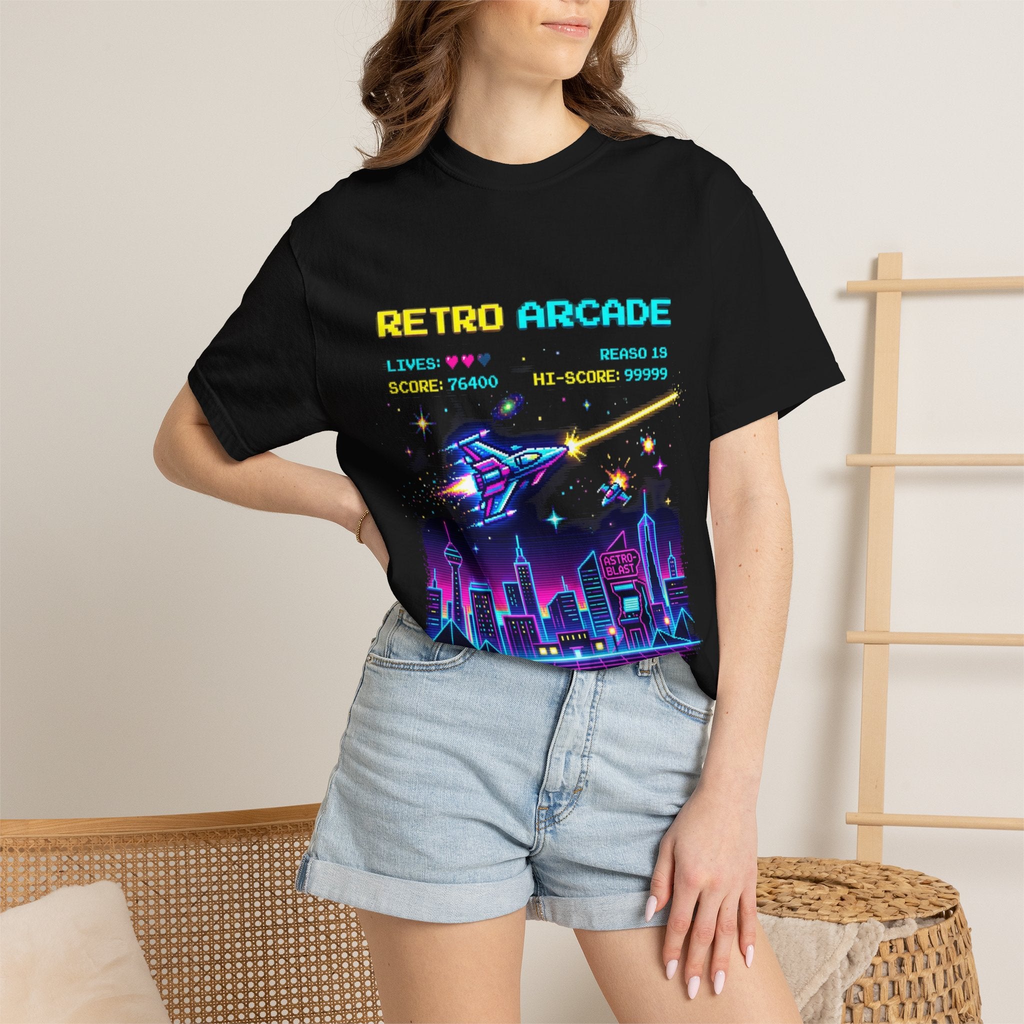 Retro Arcade T-Shirt — 80s Neon Space Shooter Graphic Tee